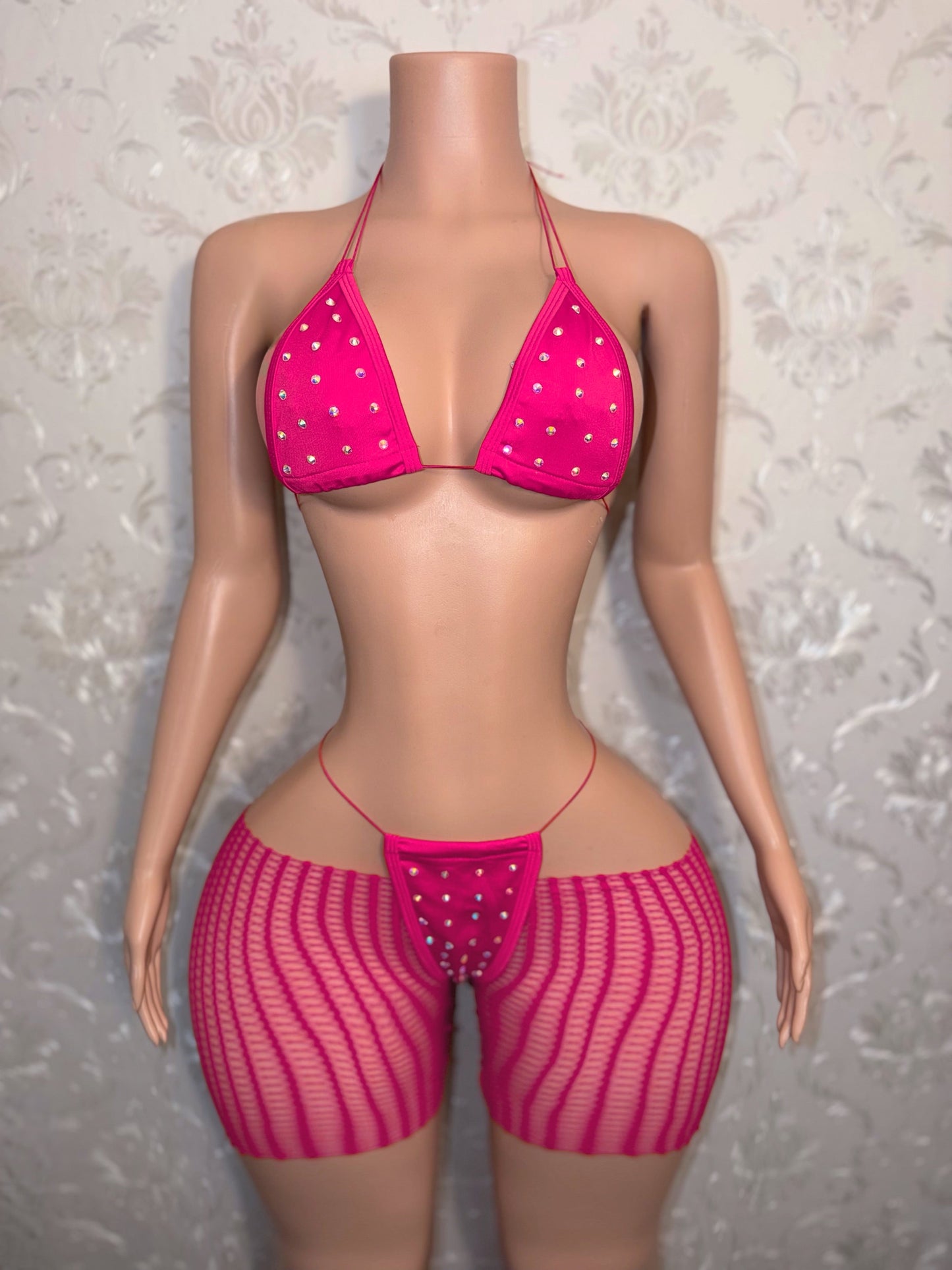 Chloe Rhinestone 3 Piece Bikini Set and Cut Off Fishnet Shorts