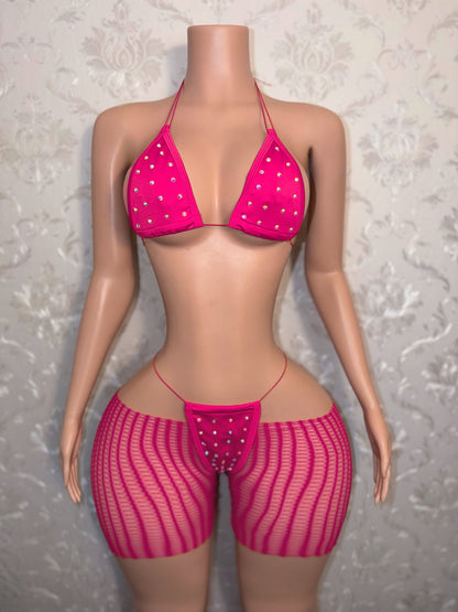 Chloe Rhinestone 3 Piece Bikini Set and Cut Off Fishnet Shorts