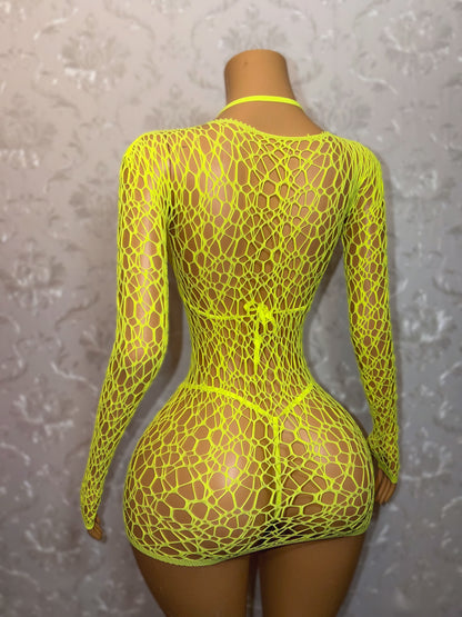 Electra 3 Piece Fishnet Dress and Bikini Set Fits XS-L