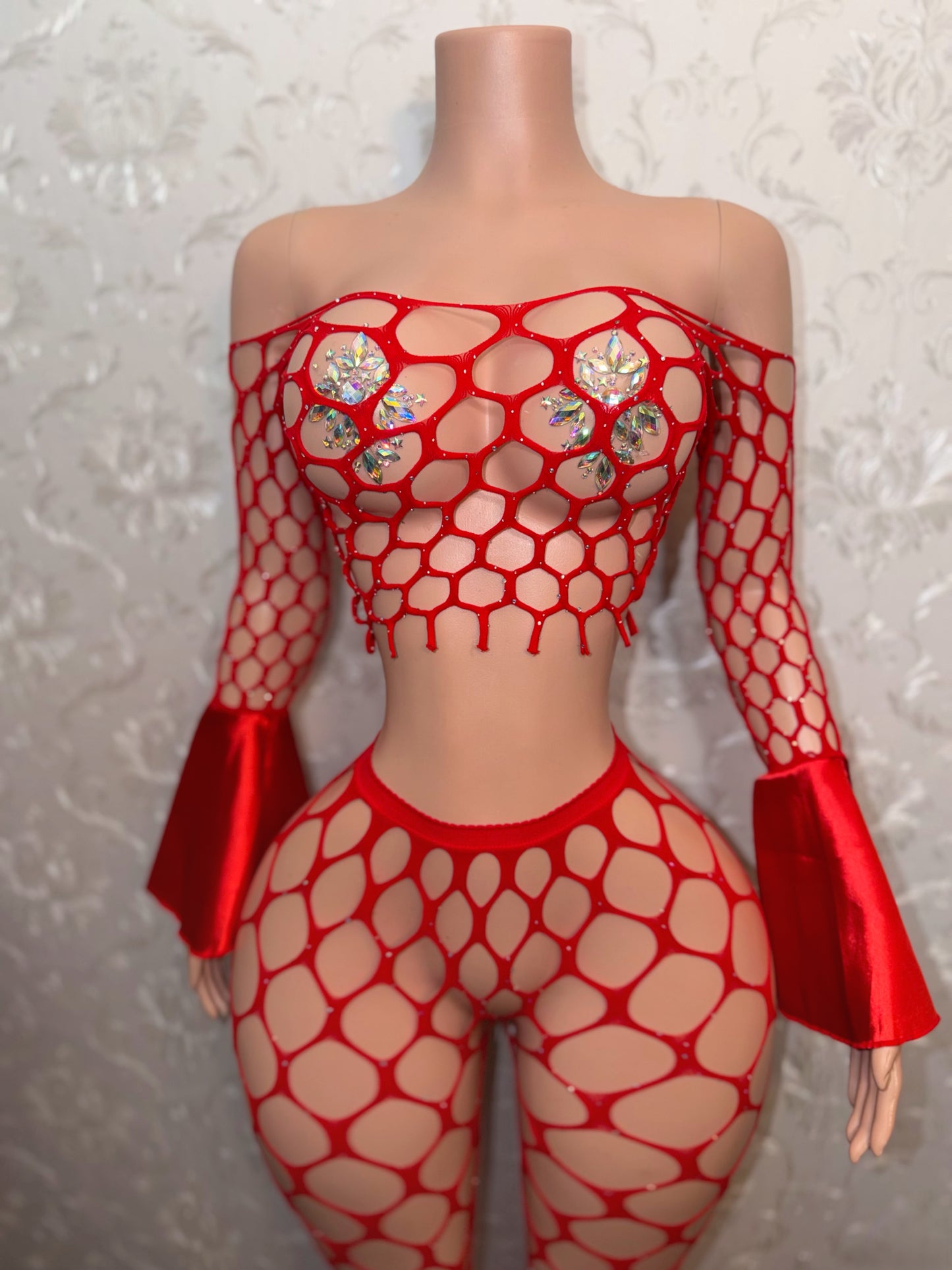 Stella’s Holiday Rhinestone Bell Sleeve Fishnet Legging Set Fits XS-L