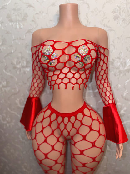 Stella’s Holiday Rhinestone Bell Sleeve Fishnet Legging Set Fits XS-L