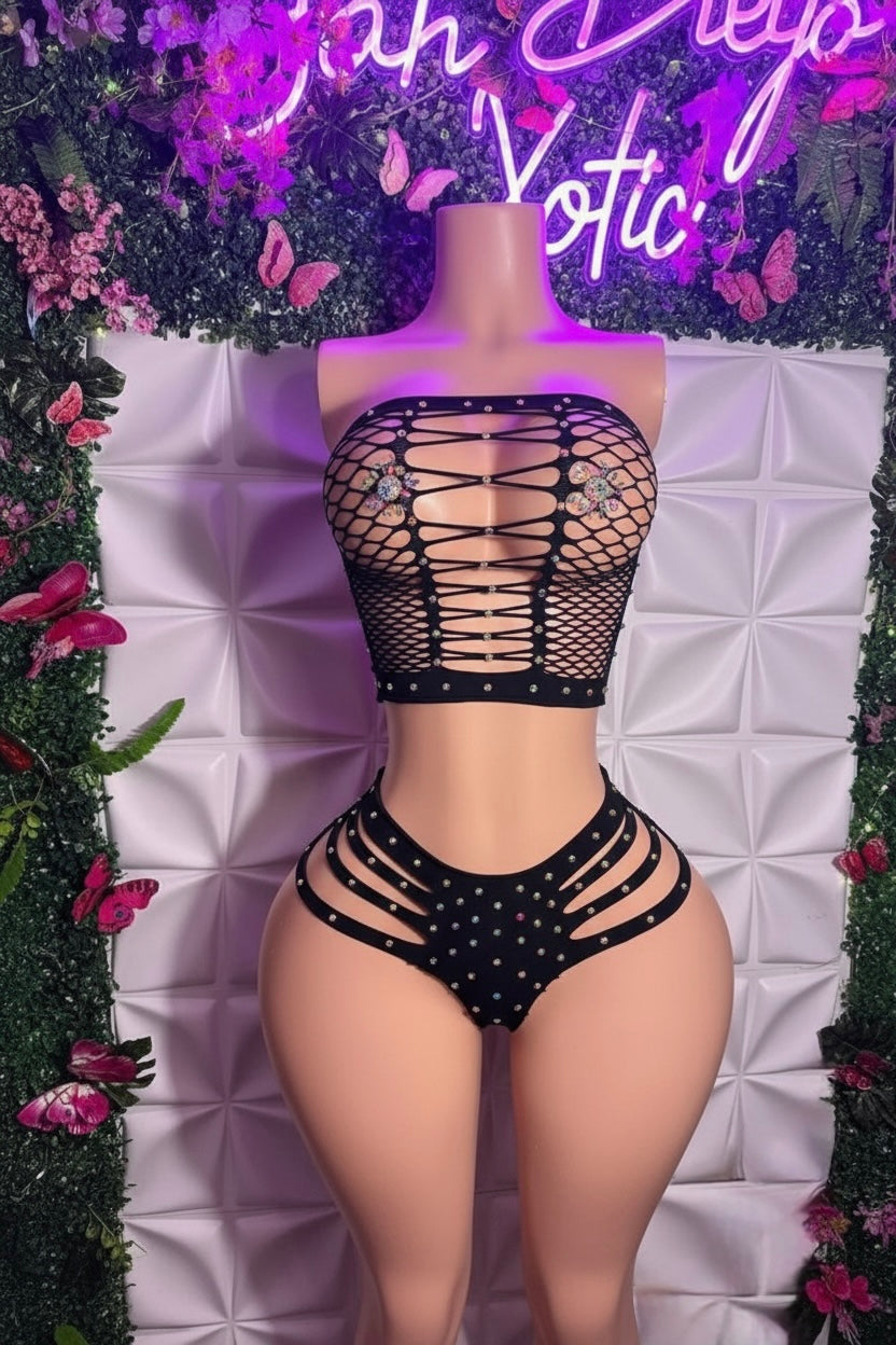 Natina 2 Piece Cheeky Fishnet Thong Set Fits All