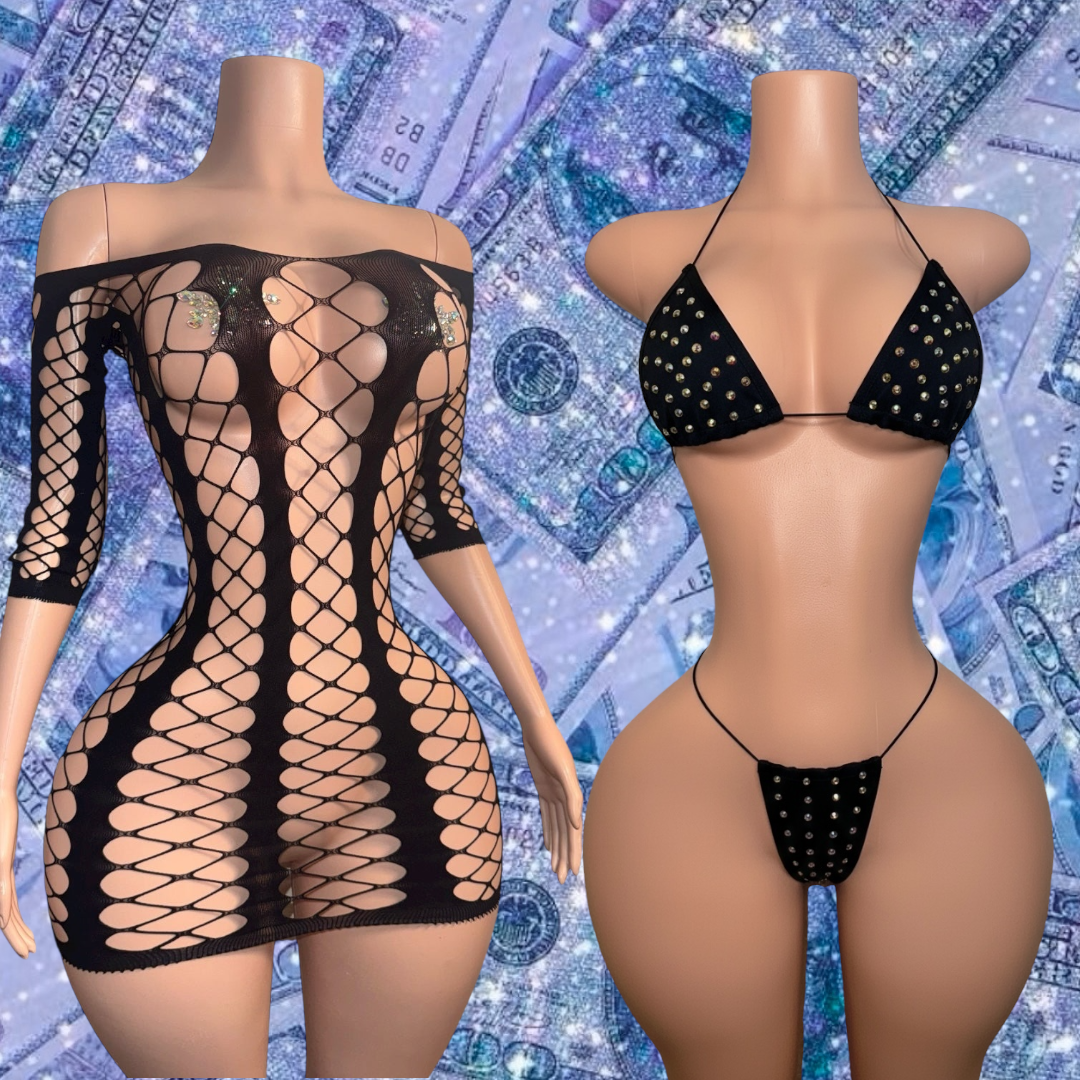 Giana Fishnet Set Dress and Bikini Fits XS-L