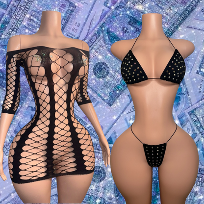 Giana Fishnet Set Dress and Bikini Fits XS-L