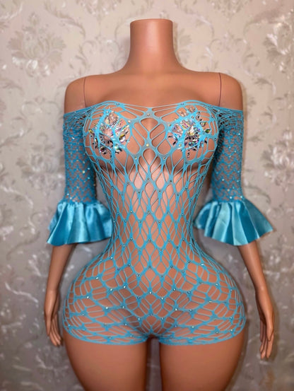 Kayla Off Shoulder Fishnet Romper Fits XS-M