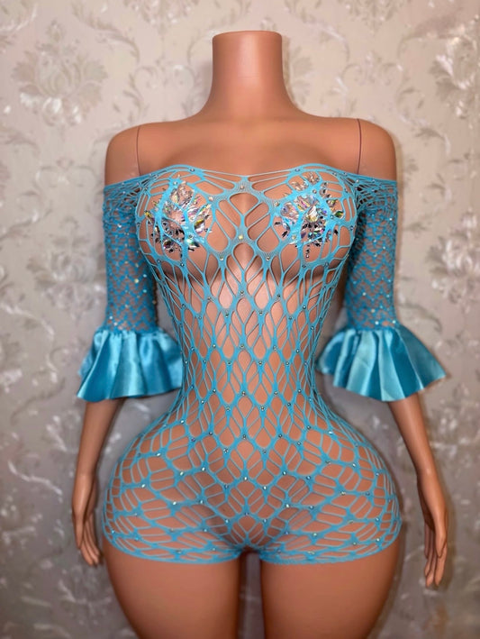 Kayla Off Shoulder Fishnet Romper Fits XS-M