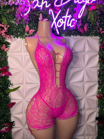 Dime Piece Lace Backless Romper with Thong Fits XS-L