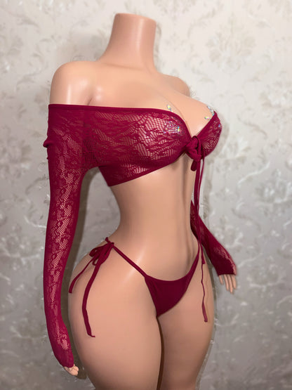 Venus Fishnet Criss Crossed Long Sleeve Top and Thong Fits XS-L