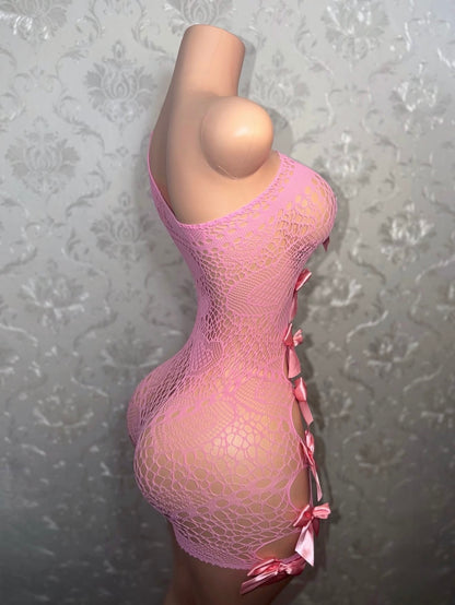 Jaidyn 2 Lace Fishnet Romper with Bows Fits XS-L