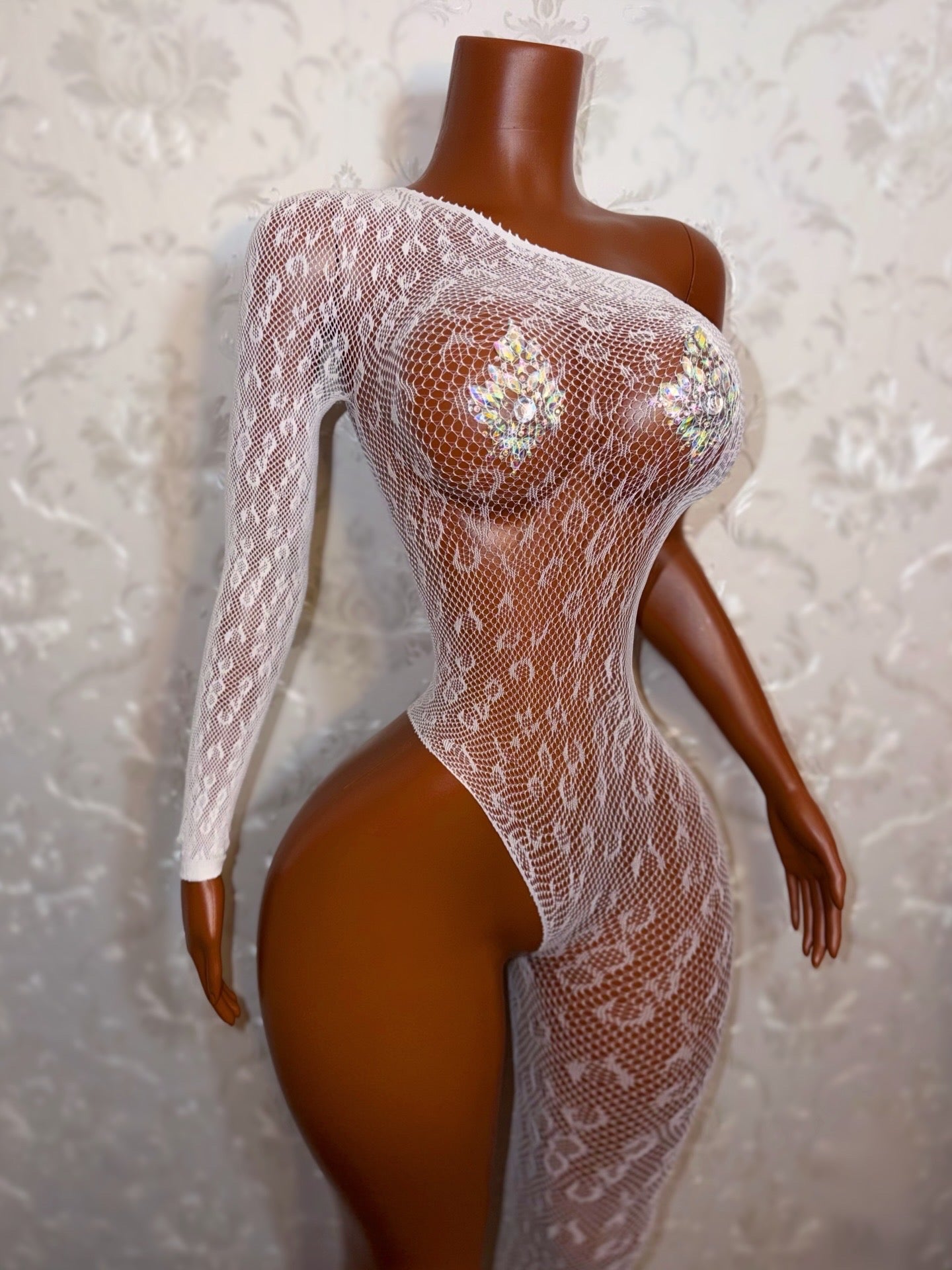 Bernice Cheetah Off Shoulder Fishnet Jumpsuit Fits XS-XL