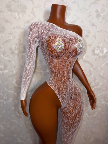 Bernice Cheetah Off Shoulder Fishnet Jumpsuit Fits XS-XL