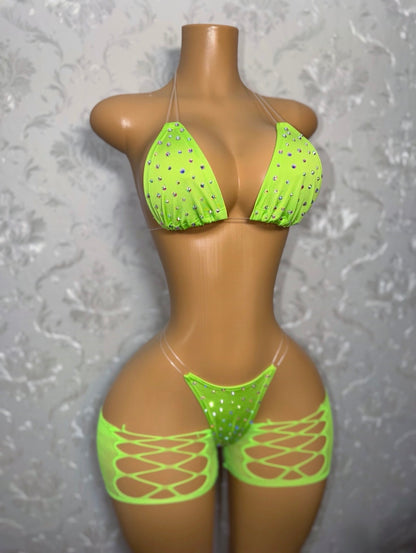 Kiwi Rhinestone 3 Piece Includes Cut Off Fishnet Shorts