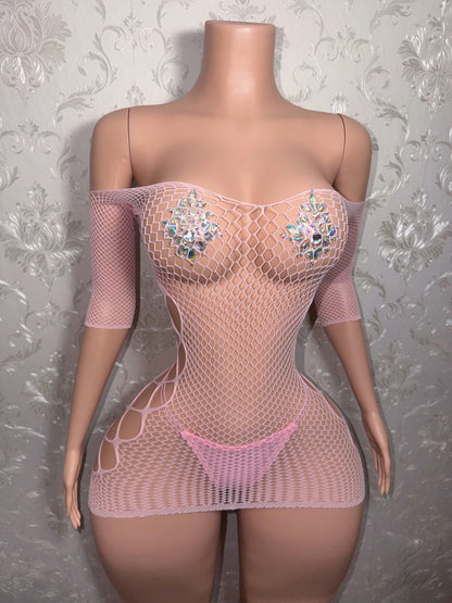 Teyana Fishnet Dress Optional Thong Fits XS-L