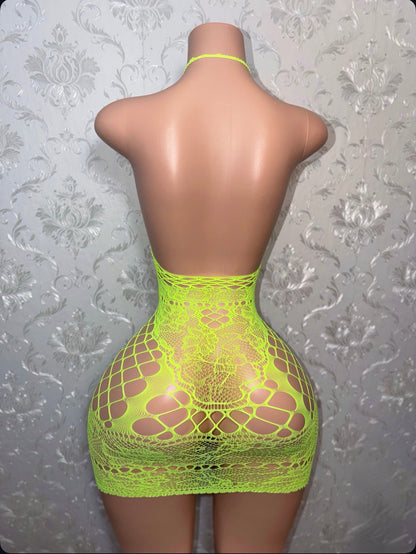 Lace Detail Neon Yellow Fishnet Dress Fits XS-XL