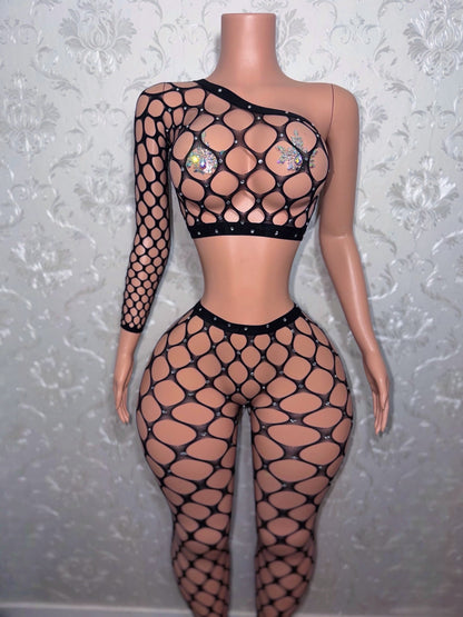 Stella Off Shoulder Fishnet Footed Legging Set Fits XS-M