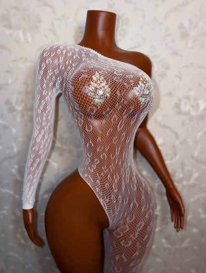 Bernice Cheetah Off Shoulder Fishnet Jumpsuit Fits XS-XL