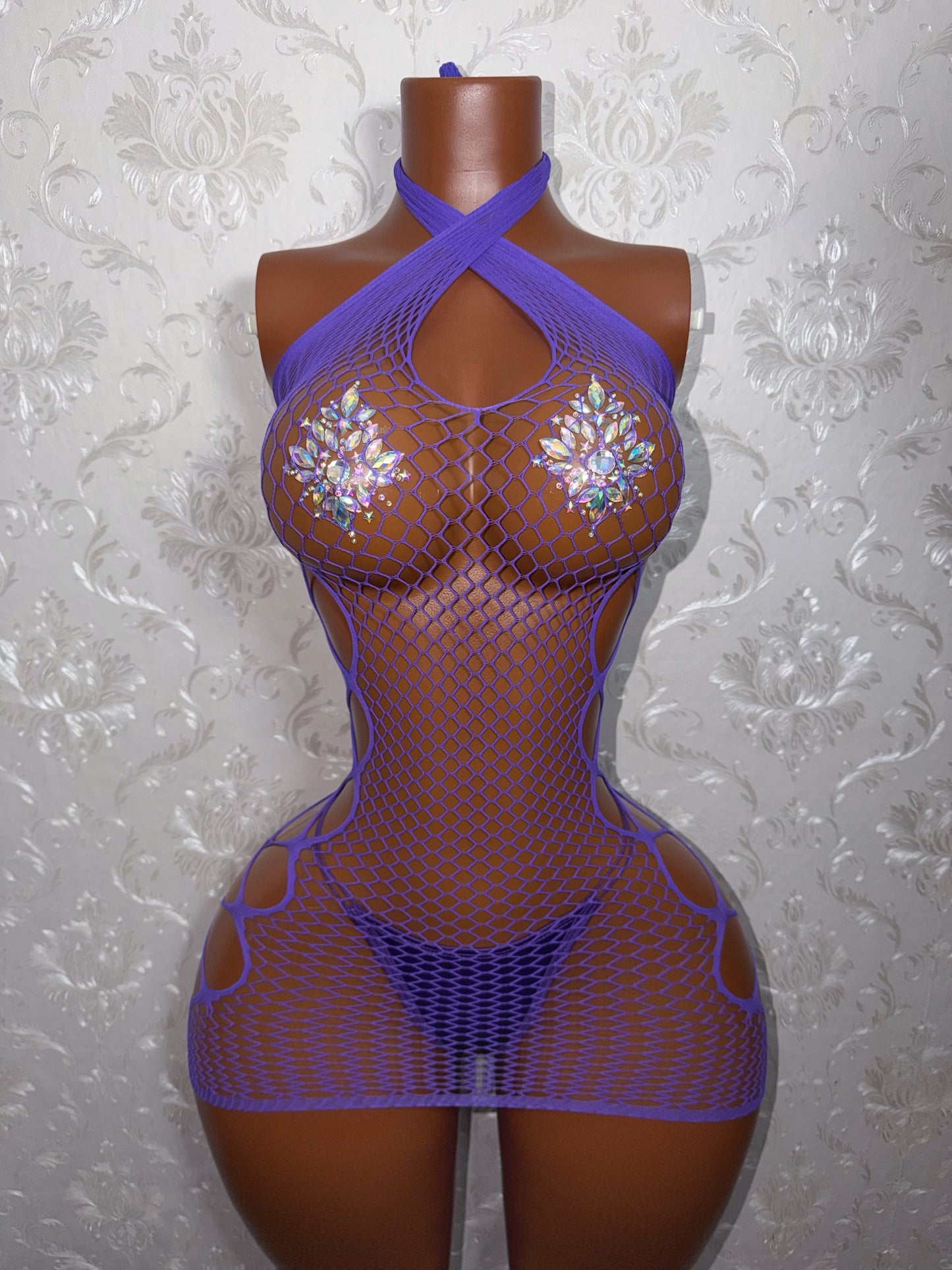 Teyana Fishnet Dress Optional Thong Fits XS-L