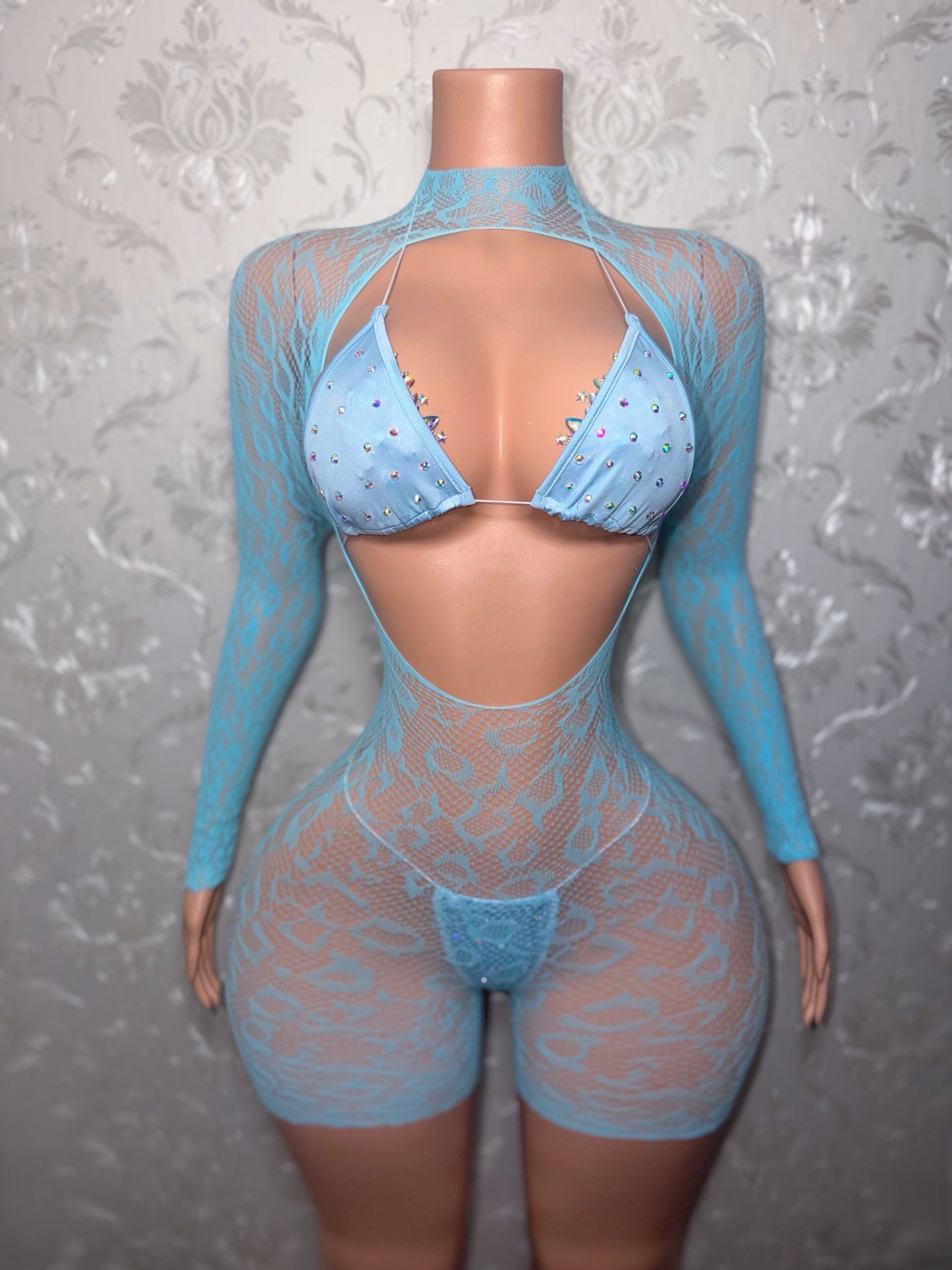 Sherice Cheetah Fishnet Romper + Martina Bikini 3 Piece Set Fits XS-L