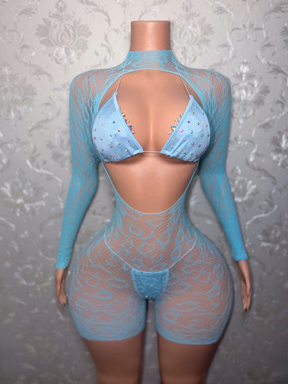 Sherice Cheetah Fishnet Romper + Martina Bikini 3 Piece Set Fits XS-L