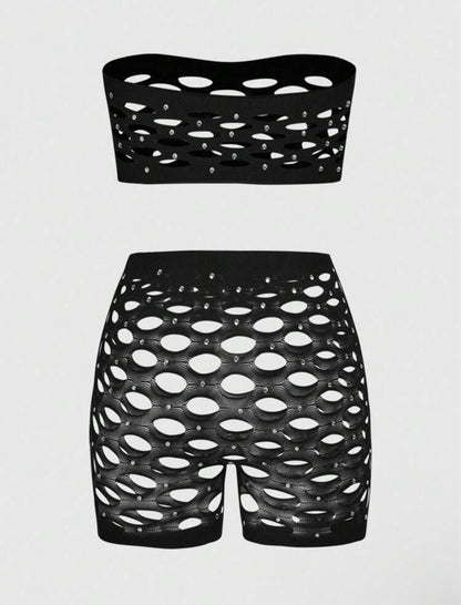 My Type Rhinestone Fishnet Shorts Set Fits XS-L