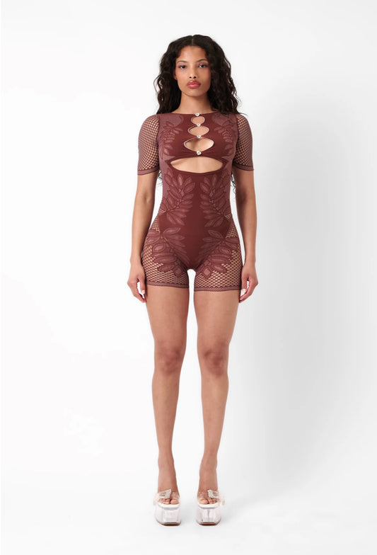 Saditty Mesh Tee Romper in Brown or Black Fits XS-L