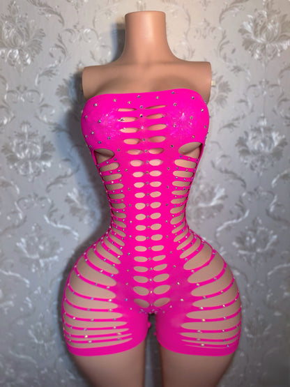 Monique Fishnet Slits Romper Fits XS-L