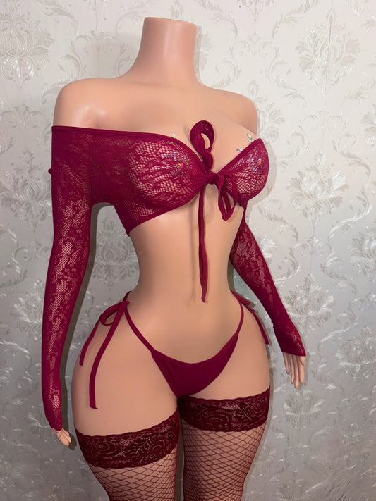 Venus Burgundy 3 Piece With Lace Thigh High Stockings Fits S-XXL
