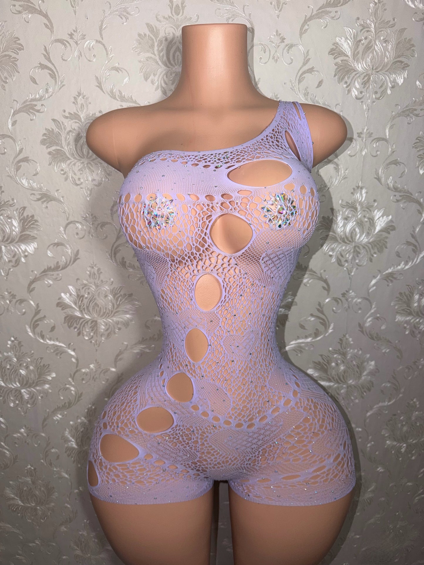 Jaidyn Fishnet Off Shoulder Romper Fits XS-XL