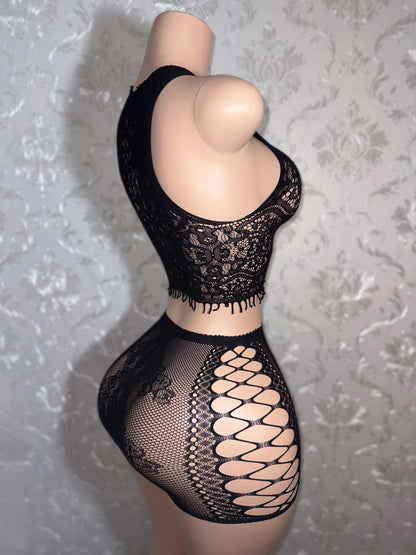 Amaya— Fringe Top 2 Piece Fishnet Skirt Set Fits XS-L