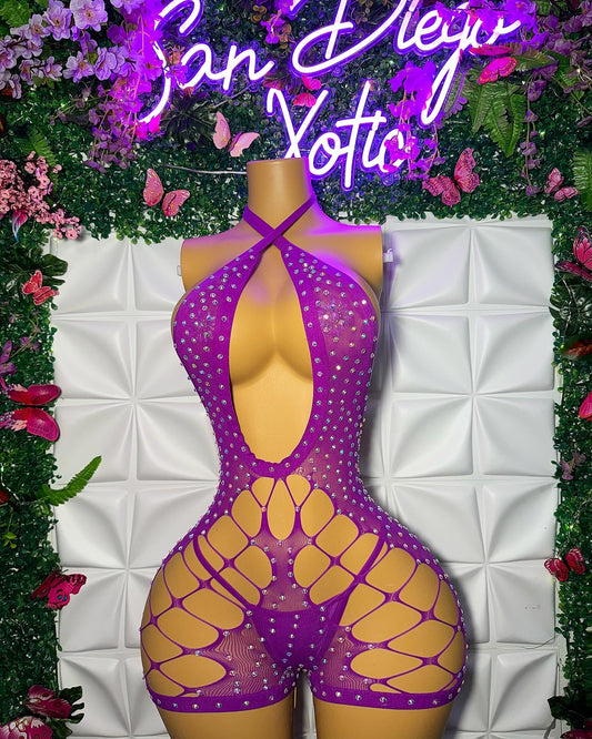 Dollas — Royal Purple Mesh Romper with Rhinestones and Thong Fits XS-M