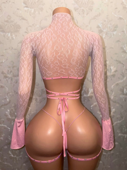 Sweetie Fishnet 3 Piece Bell Sleeve Set with Garters