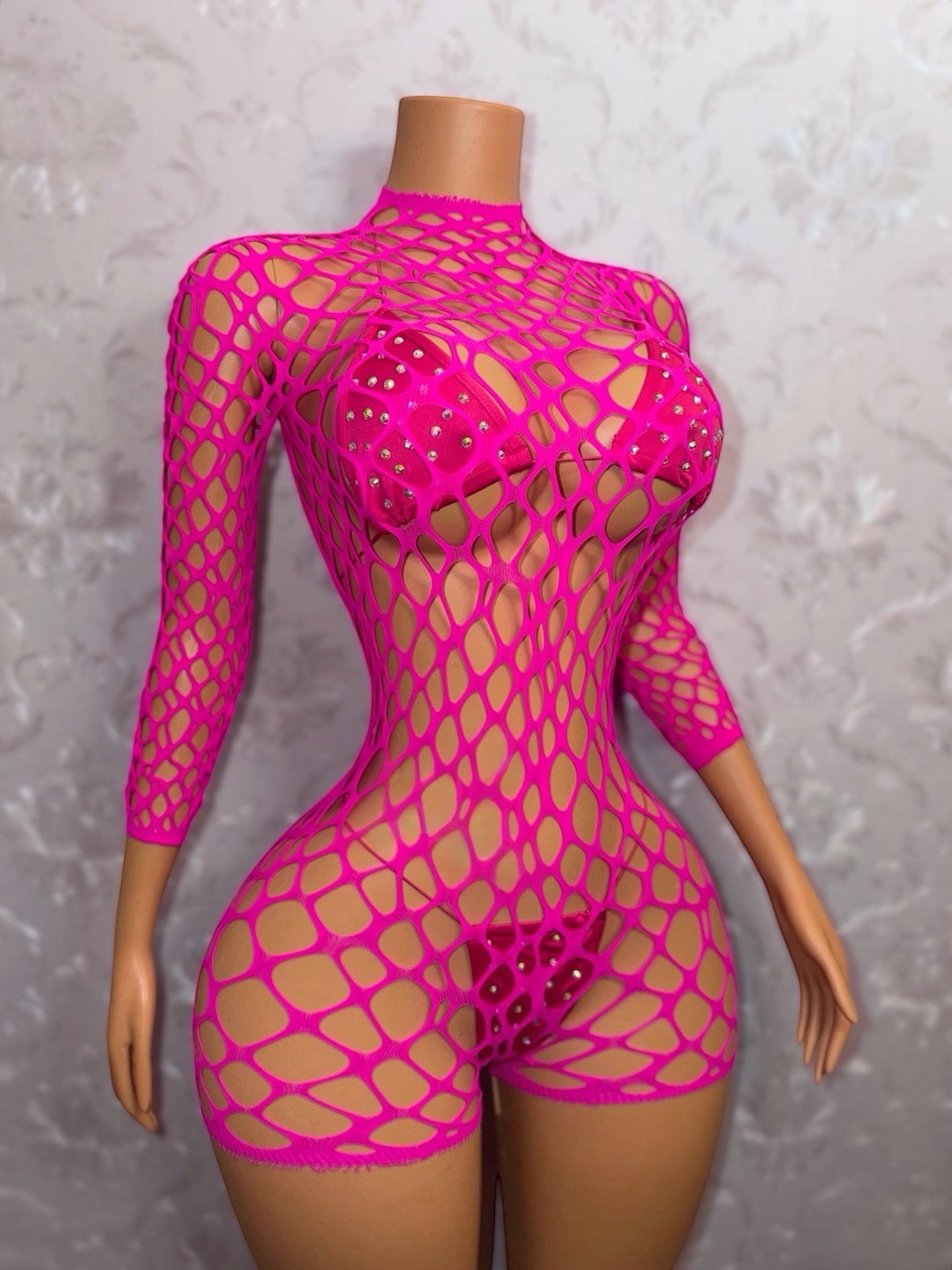 Avery Long Sleeve Fishnet Romper Bikini Set Fits XS-L