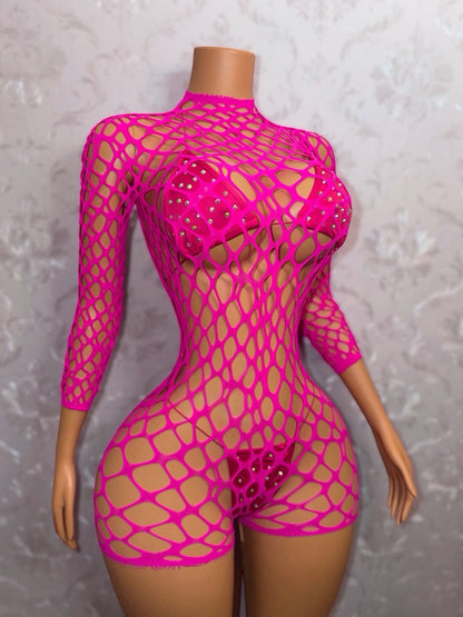 Avery Long Sleeve Fishnet Romper Bikini Set Fits XS-L
