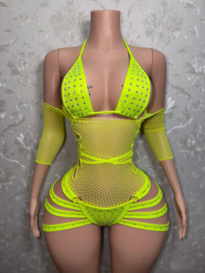 Electric Georgia Peach Fishnet 3 Piece Shorts Set Fits S-L