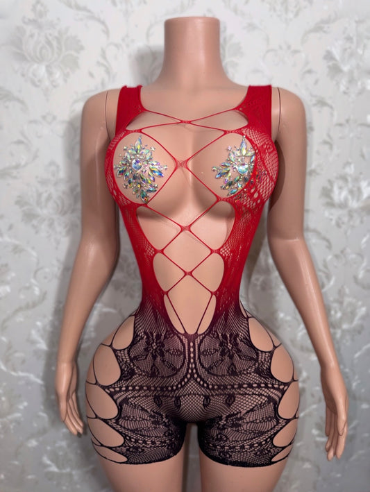 Fired Up Ombré Cut Out Fishnet Romper Fits XS-L