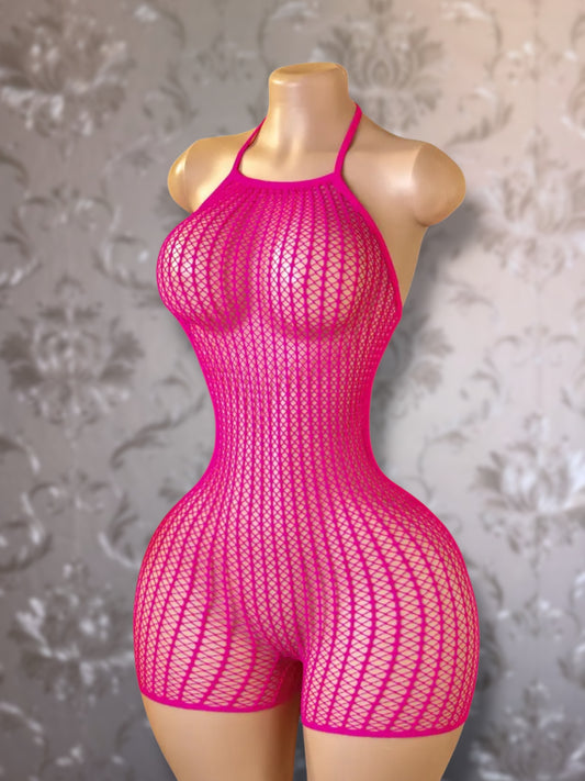 Serena Halter Fishnet Romper Fits XS-XL