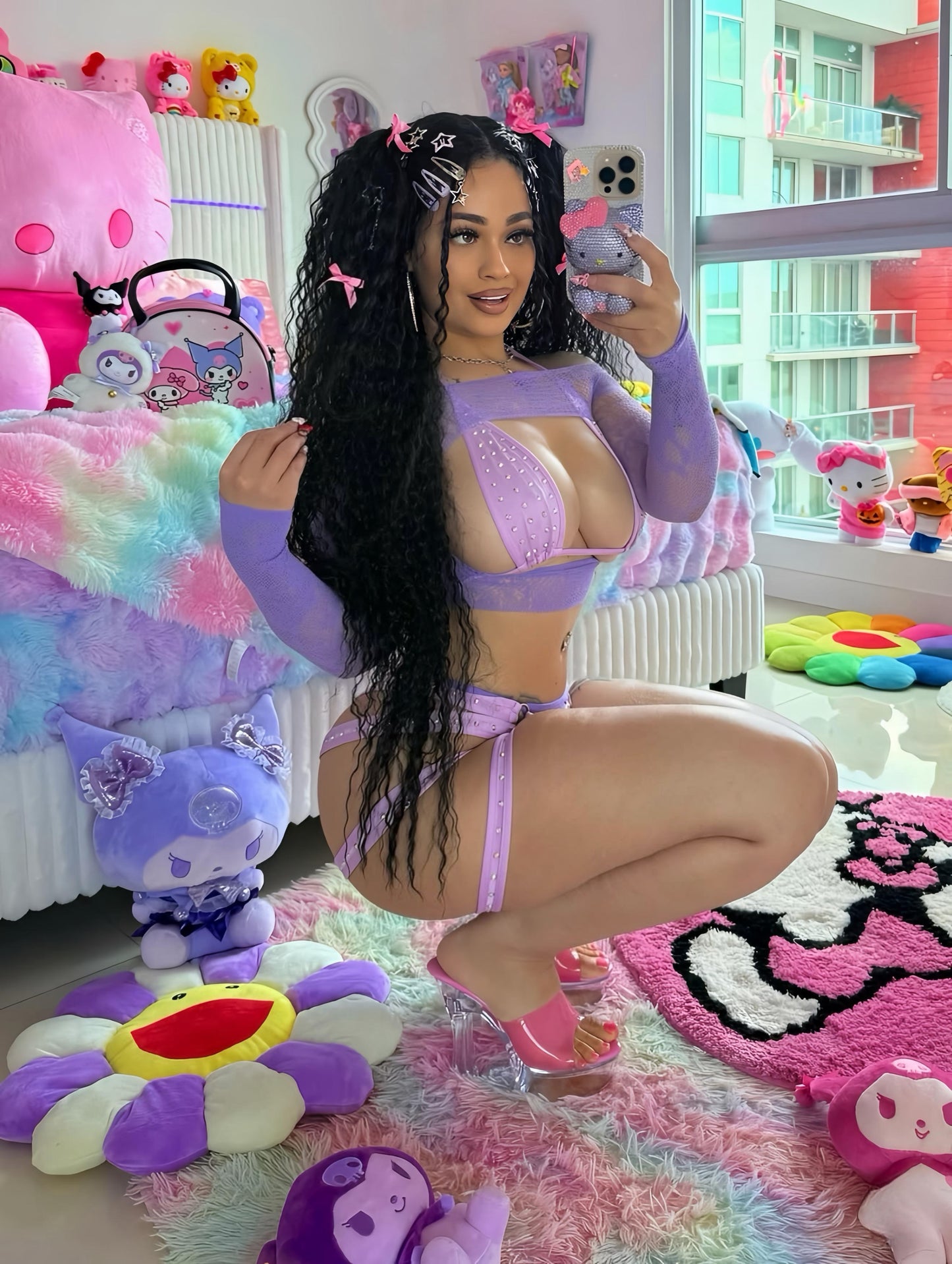 Georgia Peach Kawaii Fishnet 4 Piece Shorts Set Fits XS-M