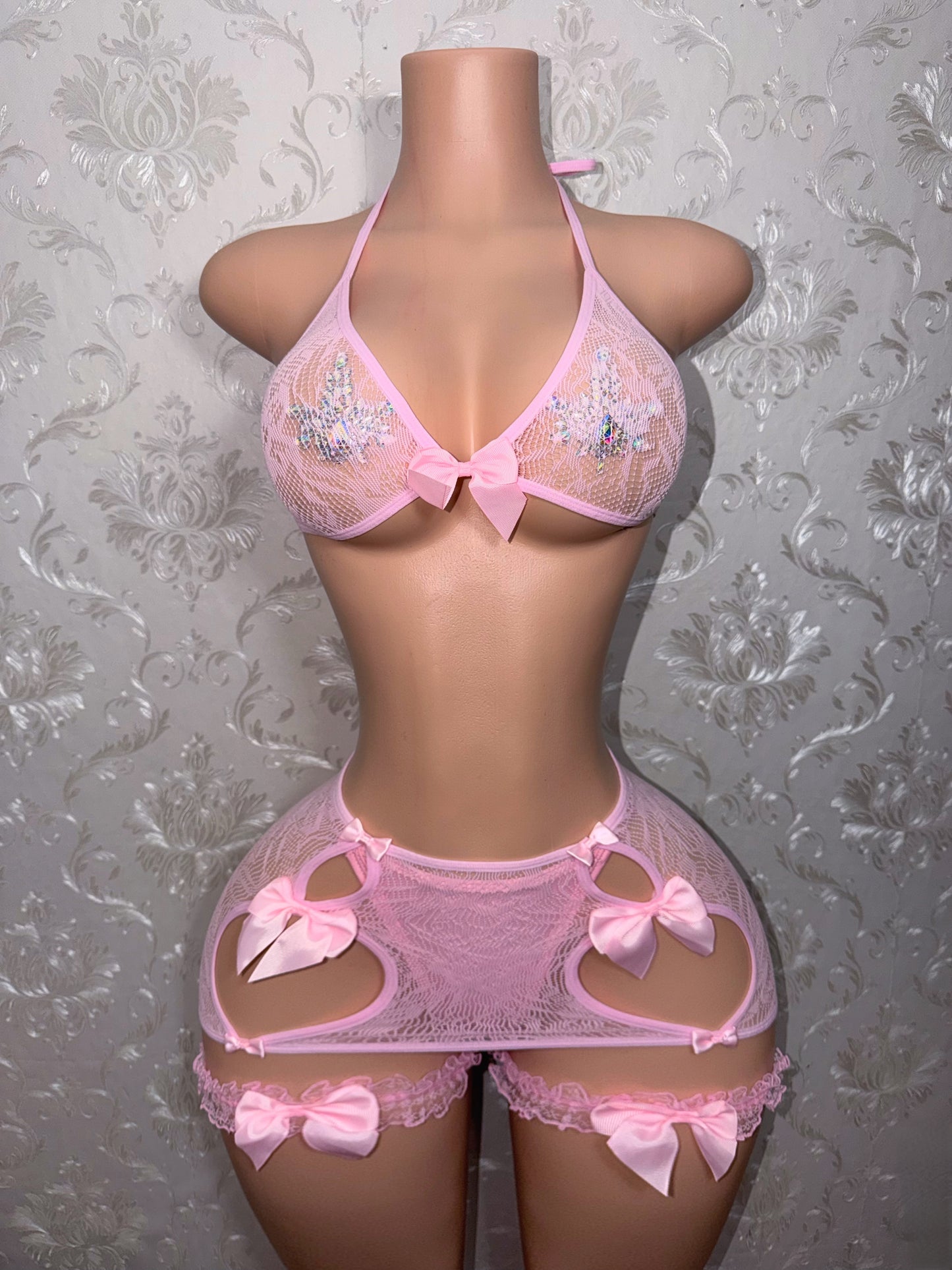 Harajuku Princess Baby Pink Fishnet Skirt Set and Garters Optional Thong Fits XS-M