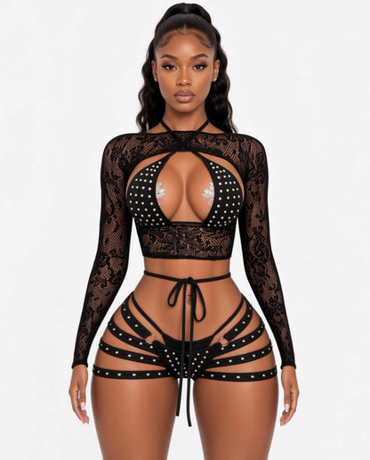 Georgia Peach Kawaii Fishnet 4 Piece Shorts Set Fits XS-M