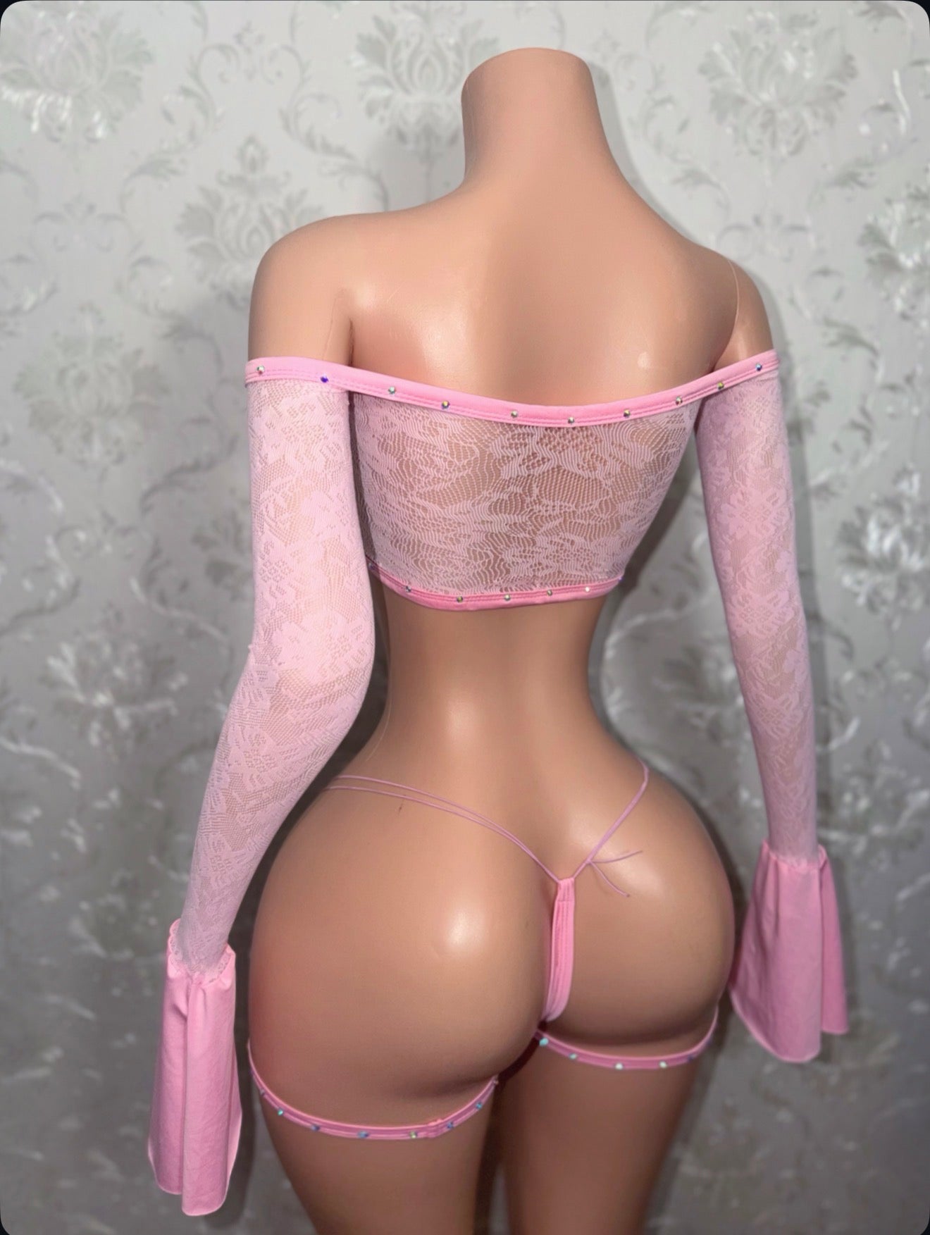 Bell Sleeve Skyler Baby Pink Fishnet 3 Piece Set Fits S-L
