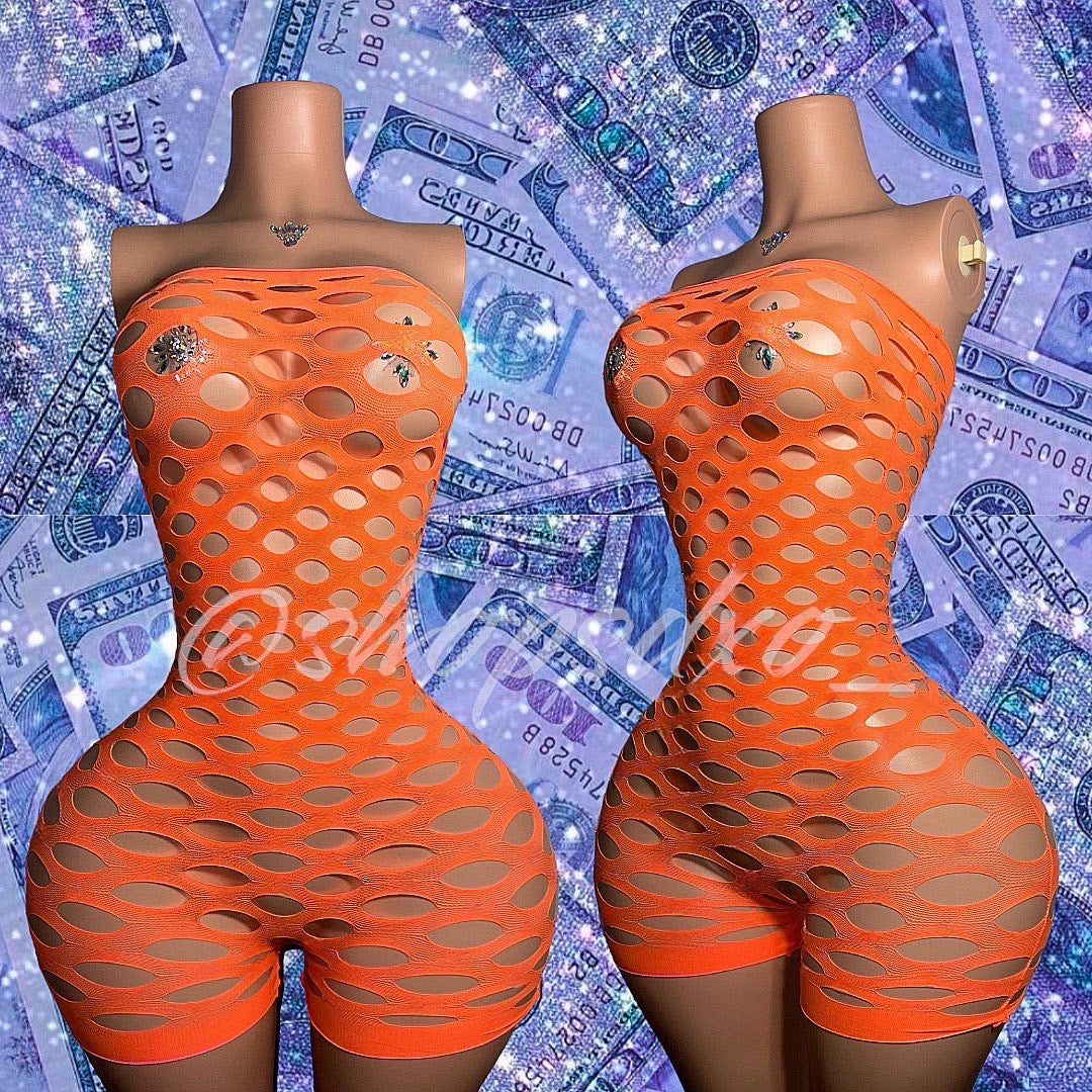 Money Maker Strapless Fishnet Romper with Rhinestones 9 Colors Fits XS-XL