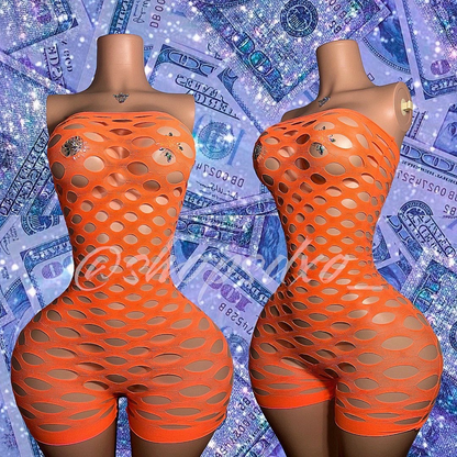 Money Maker Strapless Fishnet Romper with Rhinestones 9 Colors Fits XS-XL