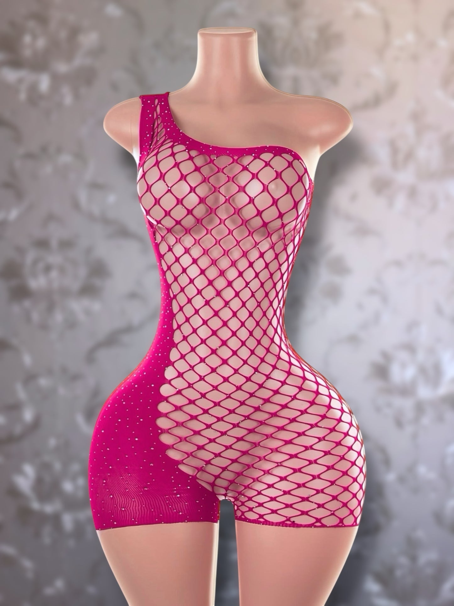 Holiday Bedazzled Romper Asymmetrical Fishnet Fits XS-L