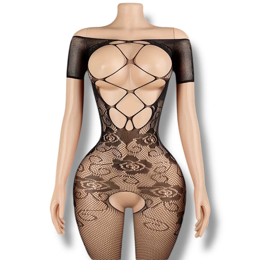 Rozay — Short Sleeve Bodystocking Criss Cross Fishnet Jumpsuit