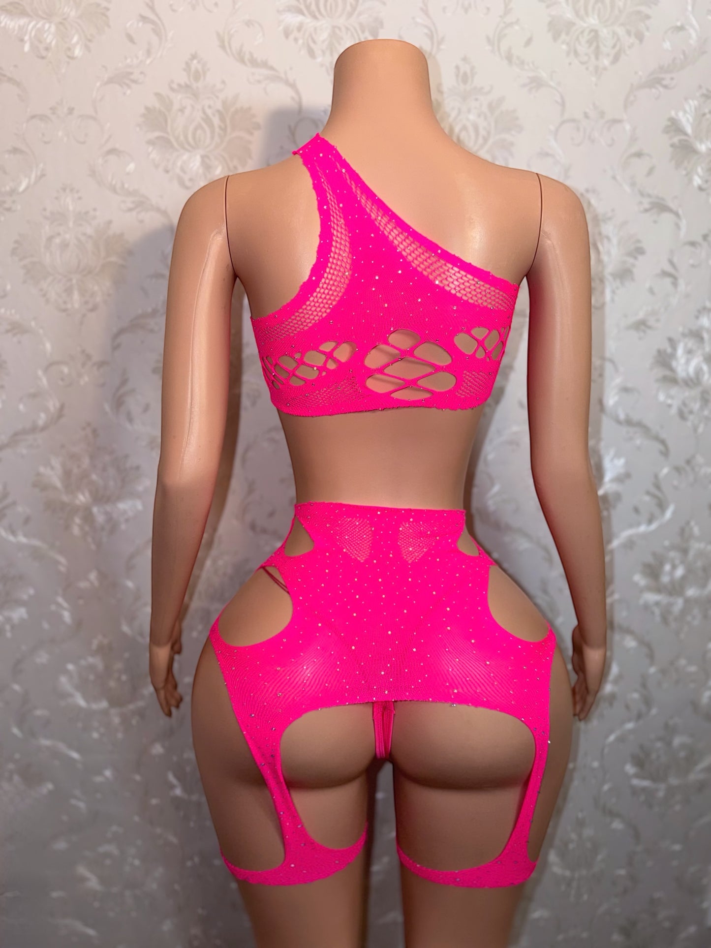 Kelsey Hot Pink Rhinestone Fishnet Chaps 2 Piece Optional Thong Fits S-L