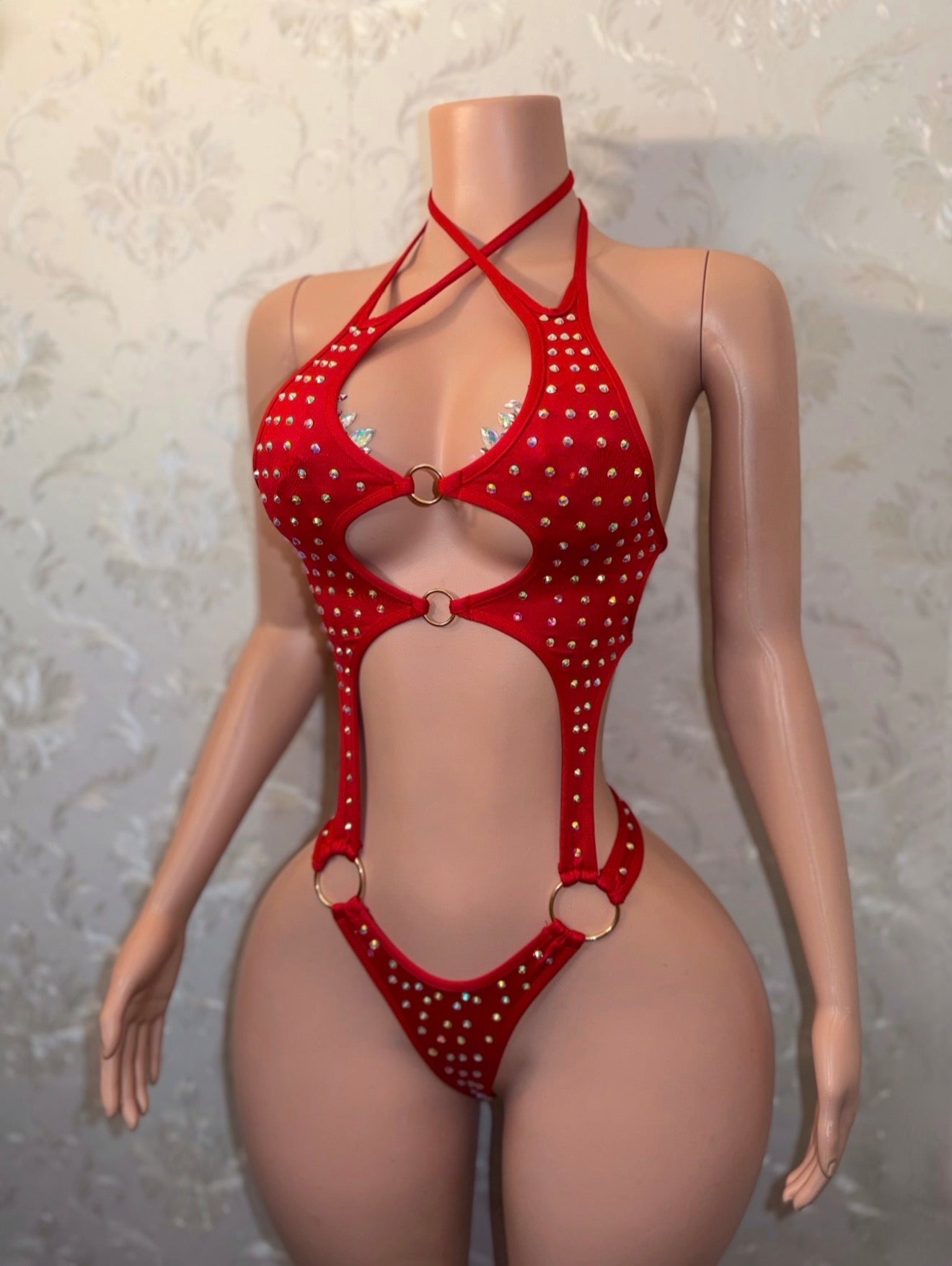 Shadé Rhinestone One Piece Optional Fishnet Set Fits XS-M