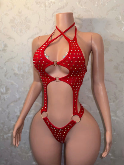 Shadé Rhinestone One Piece Optional Fishnet Set Fits XS-M