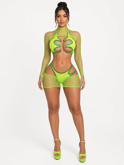 Sour Apple Mamacita Rhinestone 4 Piece Bikini & Fishnet Set