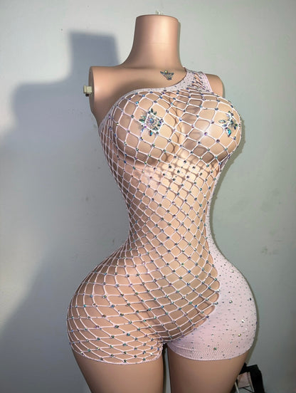 Holiday — Birthday Suit Bedazzled Romper Asymmetrical Fishnet Fits XS-L Optional Extra Stones