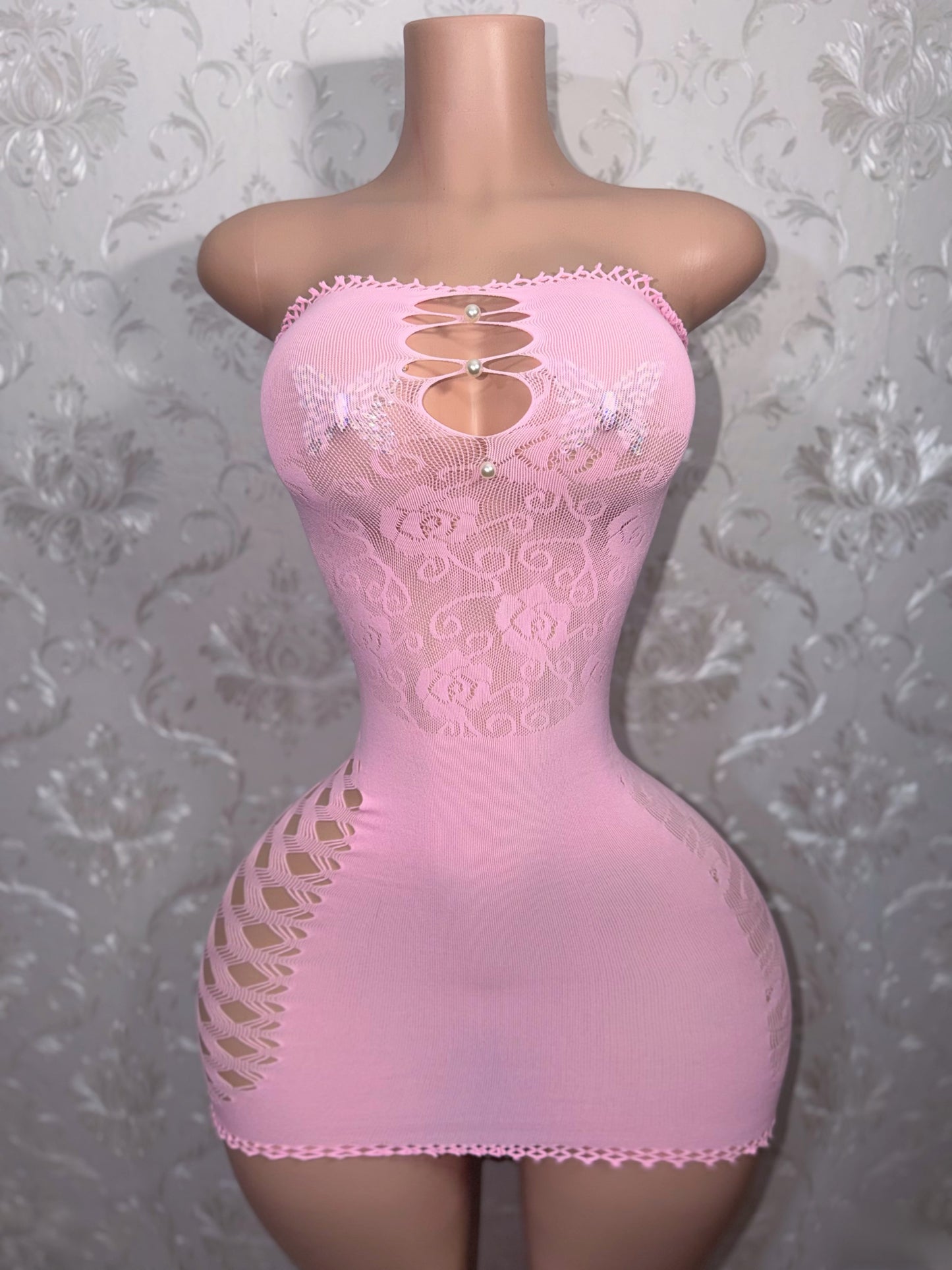 Rosewater Strapless Fishnet Mini Dress Fits S-XL